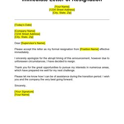 Exceptional Immediate Resignation Letter Template Free